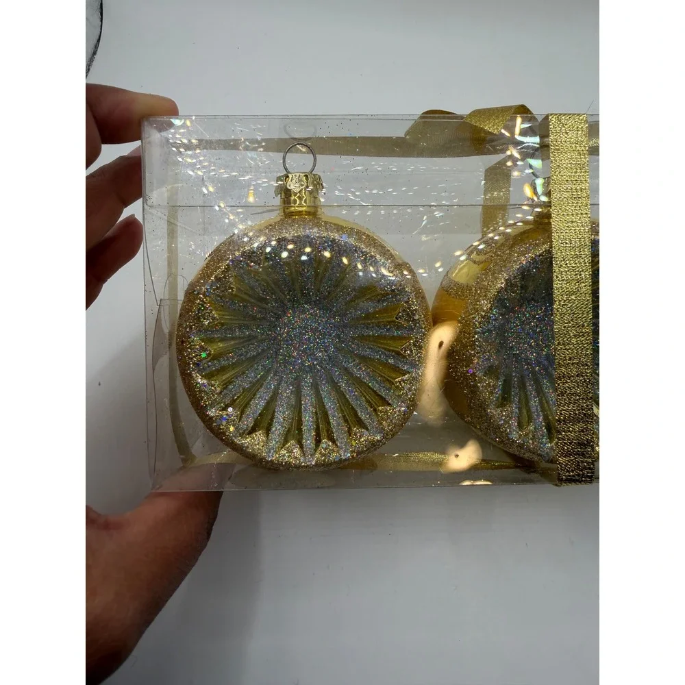Gold Shatterproof Ornaments Set of 3 Indented‎ Sunburst Glitter Disc 3 Inch